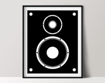 Stereoluidspreker, minimalistische zwart-witte kunst, audiofiel cadeau-idee, muziekliefhebber decor, digitale download