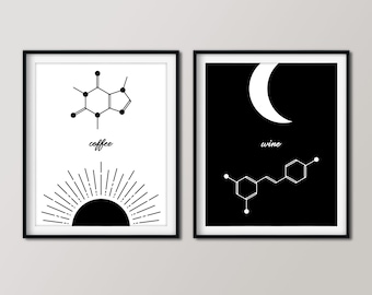 Coffee and Wine Molecules, Set of 2 Prints, AM PM Sun and Moon Posters, Unique Kitchen Décor, Nerdy Instant Download