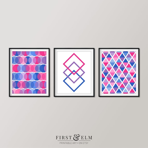 Bisexual Aesthetic Décor, Set of 3 Printable Geometric Posters, Subtle Bi Pride Wall Art