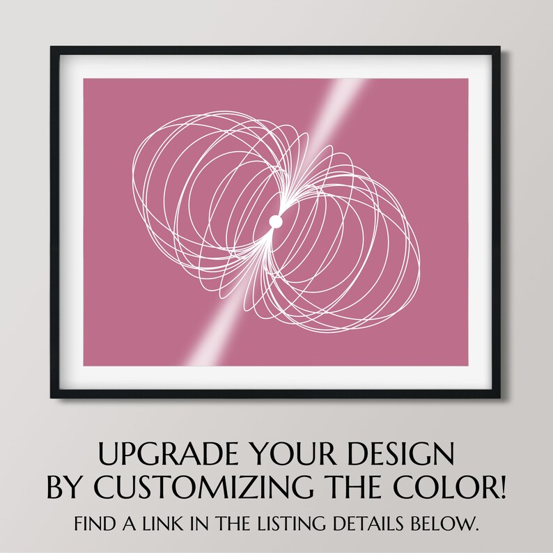 May include: Abstract art print featuring a white geometric design on a pink background. The design resembles a series of overlapping circles.