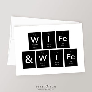 Cartão de esposa e esposa nerd da ciência, casamento LGBT, saudação exclusiva para as noivas, download para impressão