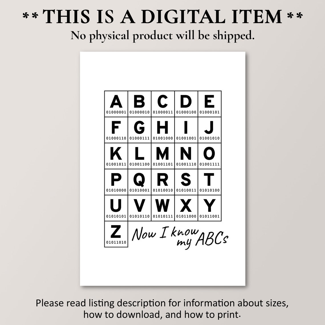 Binary Code Alphabet, Unique ABC Poster, Computer Lab Décor, Printable ...