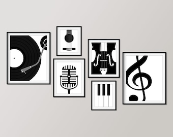 Music Lover Gallery Wall, Set of 6 Prints, Musical Instruments, Minimalist Printable Home Decor