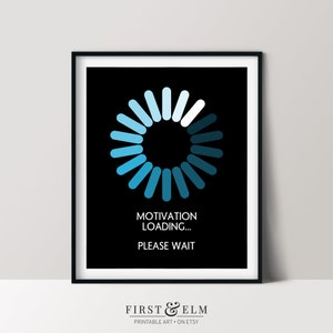 May include: A black and white printable poster with a blue loading circle graphic and the text "Motivation Loading... Please Wait".
