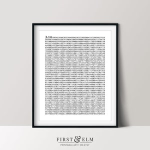 Könnte beinhalten: Schwarz-weißer druckbarer Kunstdruck mit den ersten 100 Ziffern von Pi. Der Druck enthält den Text "3.1415926535897932384626433832795028841971693993751058209749445923078164062862089986280348253421170679..."