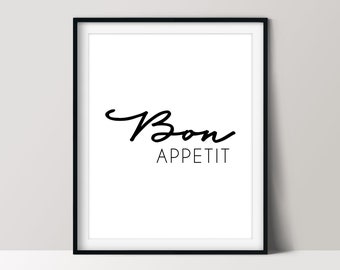 Bon Appetit Print, Minimalist Kitchen Décor, French Saying Poster, Printable Wall Art