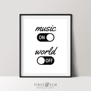 Música en mundo apagado, arte de pared único para audiófilos, ideas de regalos para amantes de la música, impresión descargable