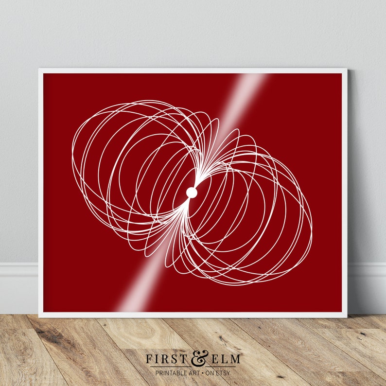 May include: Abstract geometric art print featuring a white design of overlapping circles on a red background.