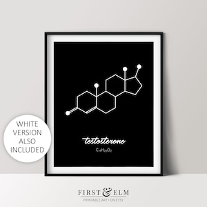 Puede incluir: Impresión enmarcada en negro con una estructura molecular blanca de testosterona. La palabra "testosterona" está escrita en cursiva debajo, con la fórmula química C19H28O2. Un círculo blanco indica "WHITE VERSION ALSO INCLUDED".