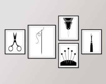 Sewing Gallery Wall, Set of 5 Prints, Minimalist Craft Room Décor, Contemporary Downloadable Art