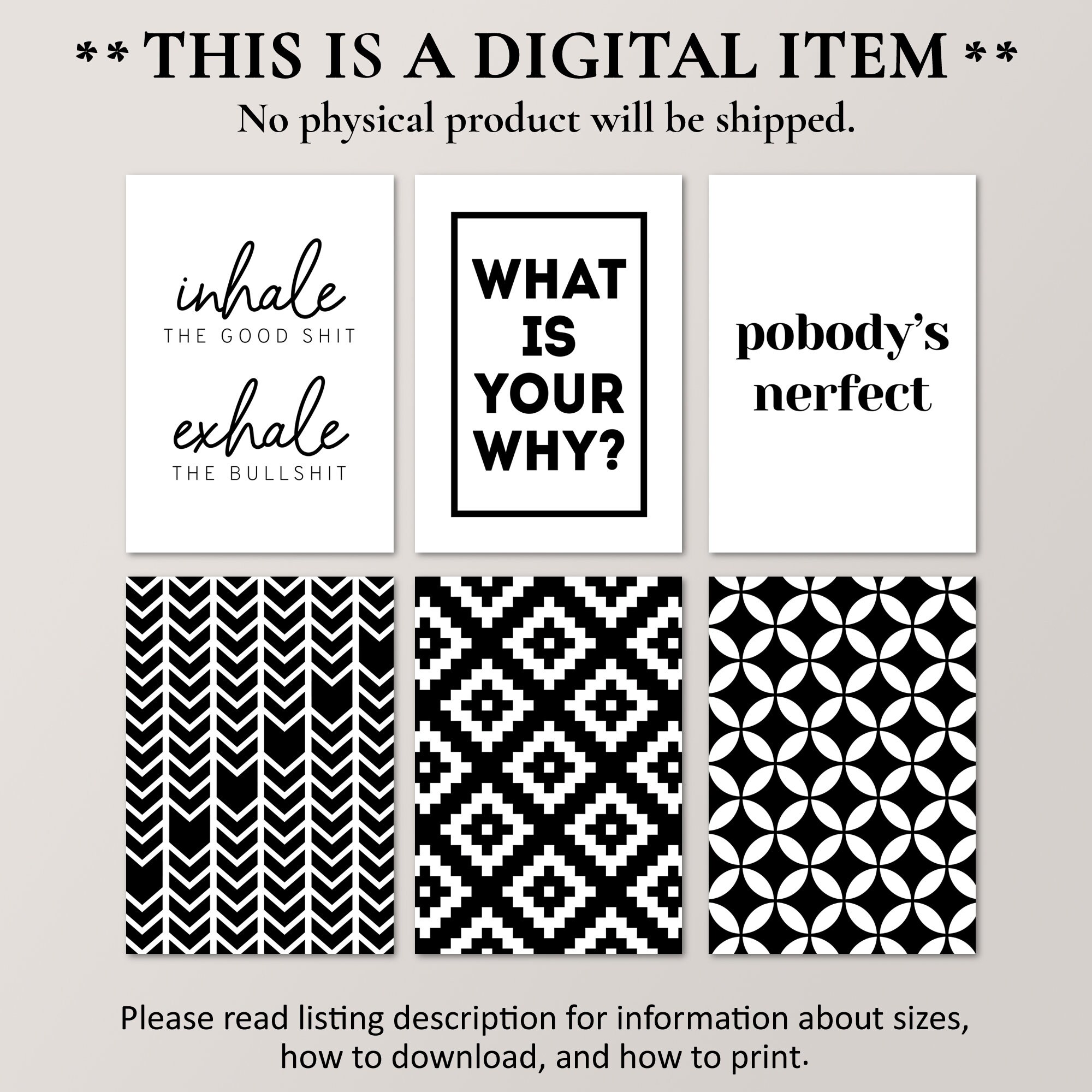 Set of 6 Prints Art and Motivational Sayings Black and White - Etsy UK