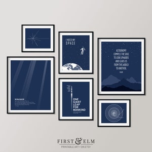 May include: A set of six blue and white space-themed printable art prints. The prints feature quotes about space exploration, a rocket, a planet, and a star. The prints are perfect for a space-themed nursery, bedroom, or office.