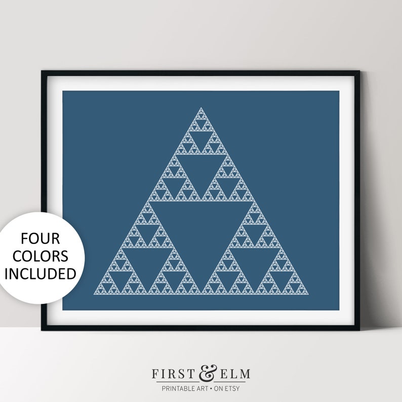 May include: A framed print featuring a white fractal triangle design on a blue background. The phrase "FOUR COLORS INCLUDED" is visible on the left. The bottom of the print has the text "FIRST & ELM PRINTABLE ART ON ETSY".