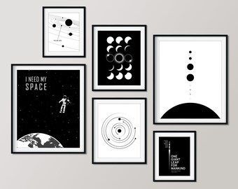 Astronomy Gallery Wall Print Set, Minimalist Outer Space Nerd Art, Science Classroom Décor, 6 Digital Posters