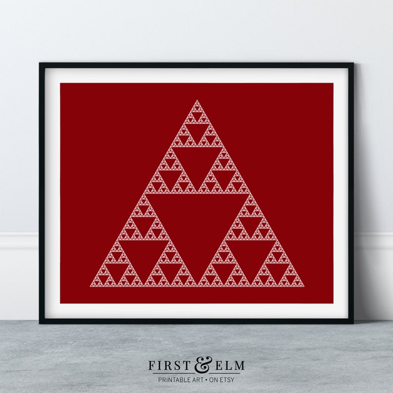 May include: A framed print featuring a white Sierpinski triangle fractal design on a deep red background. The artwork is enclosed in a black frame and includes the text "FIRST & ELM PRINTABLE ART &bull; ON ETSY" at the bottom.