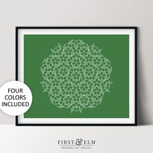May include: A geometric pattern of white lines forming a circle on a green background. The pattern is made up of repeating squares and triangles. The image is a digital download of a printable art print.