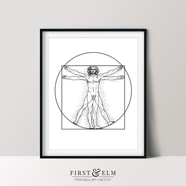 Vitruvian Man Print, Scientific Illustration, Leonardo da Vinci, Nerdy Home Décor, Digital Download