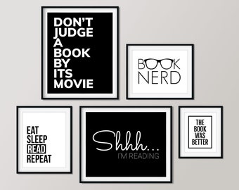 Book Lover Posters, Set of 5 Prints, Home Library Décor, English Teacher Gift, Instant Download