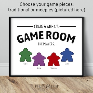 May include: A white printable sign with black text that reads "Craig & Anna's Game Room The Players:" with four colourful game pieces underneath. The pieces are green, purple, red, and blue. The names Craig, Carrie, Anna, and Stephen are written underneath each piece.