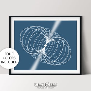 May include: Abstract geometric art print featuring a white design of overlapping circles on a dark blue background. The print is available in four colours.