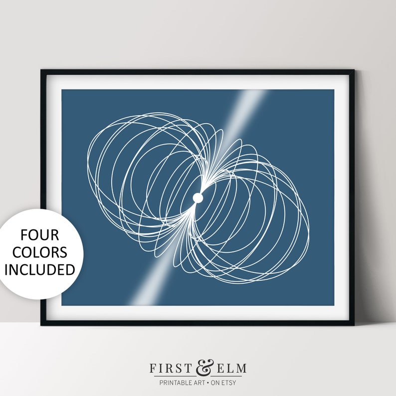 May include: Abstract geometric art print featuring a white design of overlapping circles on a dark blue background. The print is available in four colours.