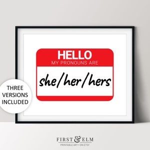 May include: A red name tag with the text "HELLO MY PRONOUNS ARE she/her/hers" printed in black.