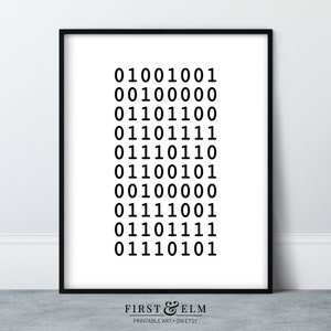 May include: Black and white printable art print with a series of binary code numbers. The text "FIRST & ELM" and "PRINTABLE ART. ON ETSY" is at the bottom of the print.