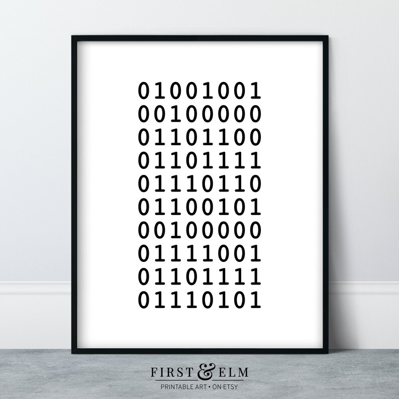 May include: Black and white printable art print with a series of binary code numbers. The text "FIRST & ELM" and "PRINTABLE ART. ON ETSY" is at the bottom of the print.