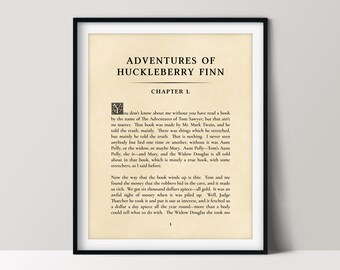 Huckleberry Finn, erste Seite des Buches, literarisches Wohndekor, bibliophiles Geschenk, druckbare Wandkunst