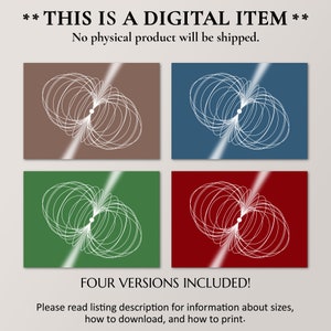 May include: Four digital art prints of a white line drawing of a circle with a dot in the center. The circles are on a brown, blue, green, and red background.
