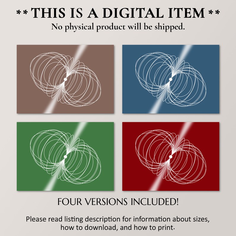 May include: Four digital art prints of a white line drawing of a circle with a dot in the center. The circles are on a brown, blue, green, and red background.