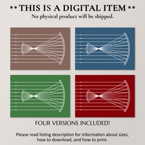 May include: Digital art print featuring four color variations: brown, blue, green, and red. Each design showcases a white illustration of converging lines within a curved shape. The text at the top states "THIS IS A DIGITAL ITEM" and "No physical product will be shipped."