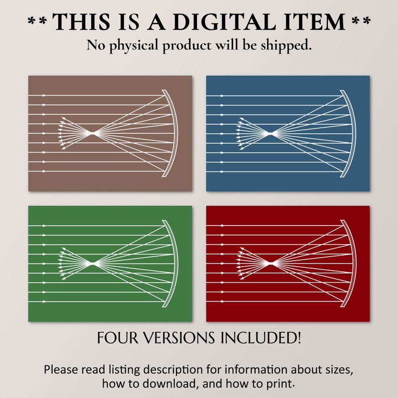 May include: Digital art print featuring four color variations: brown, blue, green, and red. Each design showcases a white illustration of converging lines within a curved shape. The text at the top states "THIS IS A DIGITAL ITEM" and "No physical product will be shipped."