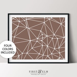 Op de afbeelding: Ingelijste kunstdruk met een geometrisch patroon van witte lijnen en stippen op een bruine achtergrond. De print zit in een zwart frame. Tekst op de print zegt "FOUR COLORS INCLUDED" en "FIRST & ELM PRINTABLE ART ON ETSY".