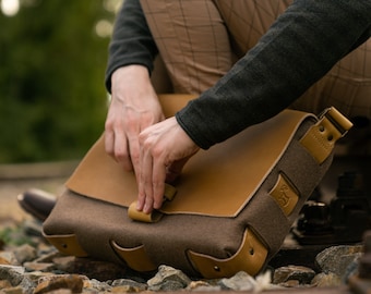 Modern briefcase for man and woman made from high quality materials in color Mud Mustard