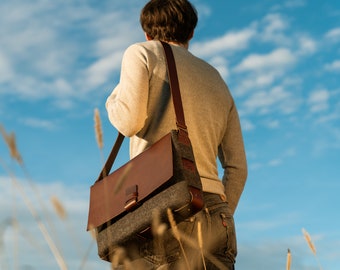 Briefcase / Laptop bag / Messenger bag made with 100% wool felt & vegetable-tanned Italian leather - anthracite / black - dark red-brown