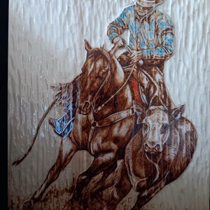 Cowboy and Horse Working a Cow - Wood Burnt Picture