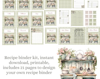 Recipe book, cookbook, recipe cards, binder, recipe binder, instant download, printable