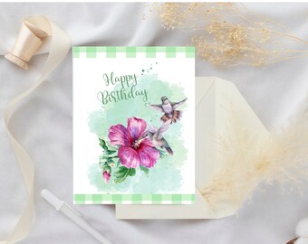 Happy birthday, happy thoughts, birthday card, greeting card, printable, hummingbird,digital card, instant download,