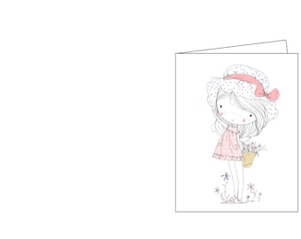 Blank note card, greeting card, instant download, printable,digital card, happy thoughts, cute girl,girl,
