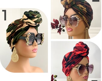 Camo Pretied Turban | Pretied Headwrap | Cap For Chemo | Alopecia Scarfs | Chemo Gifts For Wife, Mum, Sister