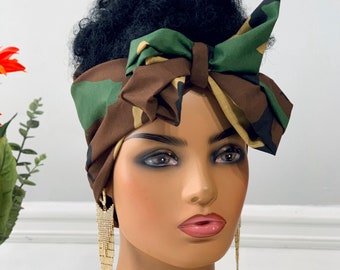 Camo Print Satin-Lined Headwrap | 100% Cotton | Non-Stretch Headwrap | Non-Pretied Scarf | Summer Headtie | Change Your Style as Needed