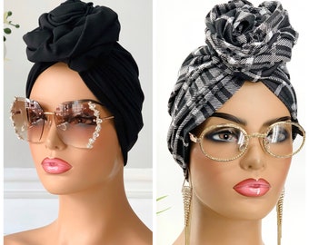 SATIN LINED Pre-Tied Turban Hat | Women Pretied Head Wrap | Hair Loss Cover | Flower-Design Turban | Pretied Scarf