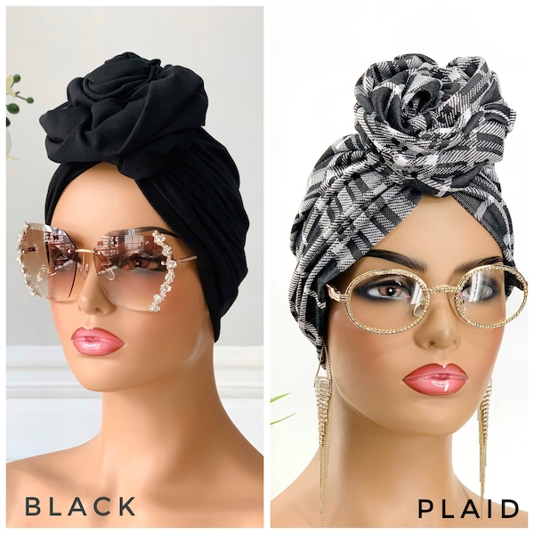 Pre-Tied Turban Hat | Women Pretied Head Wrap | Hair Loss Cover | Flower-Design Turban | Pretied Scarf