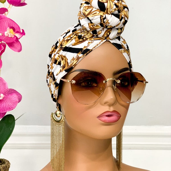 Pre-Tied Turban | Pretied Head Wrap | Women Pre Tied Scarf | Black, Brown & White Color Pre Tied Wrap | Alopecia Scarfs