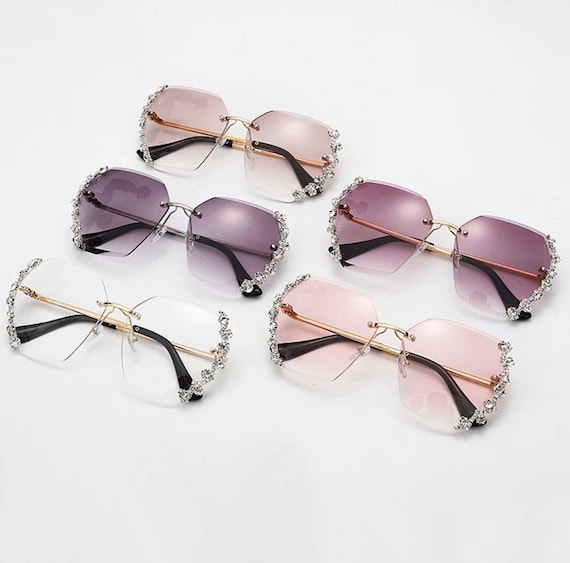 Oversized Rimless Sunglasses Women Luxury Rhinestone Sunglasses