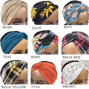 May include: Nine different styles of turban headbands. The headbands are made of fabric and come in a variety of colors and patterns, including nude, teal, black with yellow marijuana leaves, red and black plaid, black with white polka dots, and white with black line art. The headbands are all tied in a knot at the top of the head.