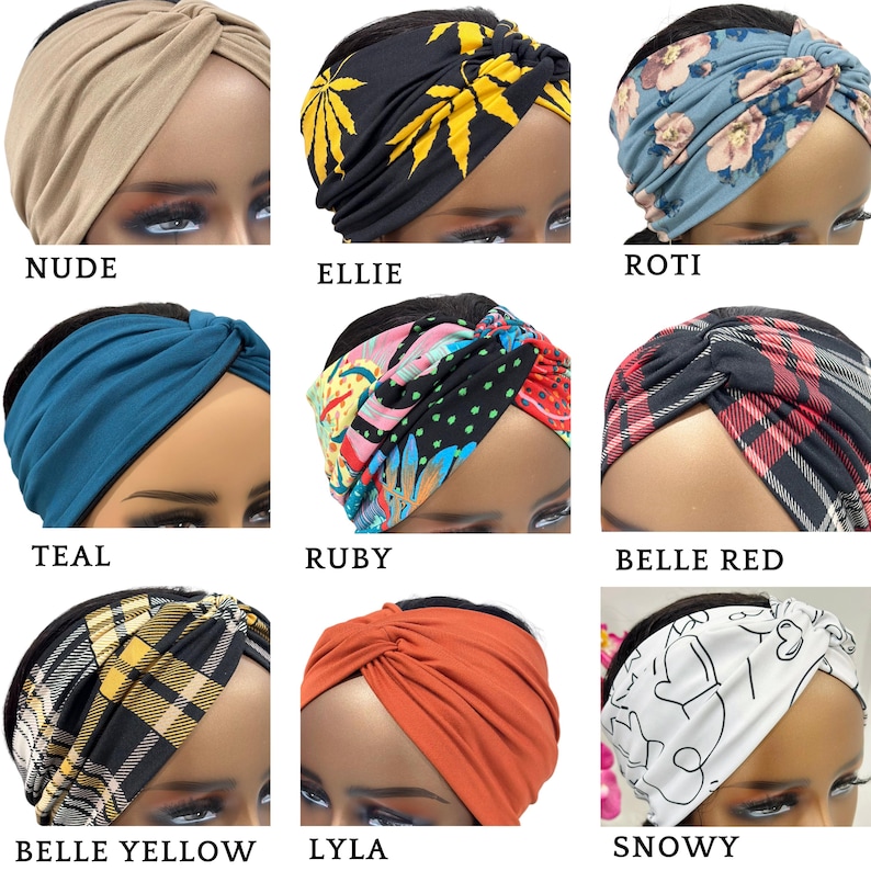 May include: Nine different styles of turban headbands. The headbands are made of fabric and come in a variety of colors and patterns, including nude, teal, black with yellow marijuana leaves, red and black plaid, black with white polka dots, and white with black line art. The headbands are all tied in a knot at the top of the head.