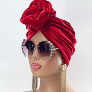 Velvet Pretied Turban Hat | Pretied Head Scarf  | Fall Hair Accessories | Cover for Hair | Flower-Design Turban | Christmas Turbans