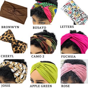 May include: A collection of 10 different turban headbands in various colors and patterns, including brown, leopard print, camouflage, pink, green, and rose. The headbands are all made of soft, stretchy fabric and are perfect for adding a touch of style to any outfit.